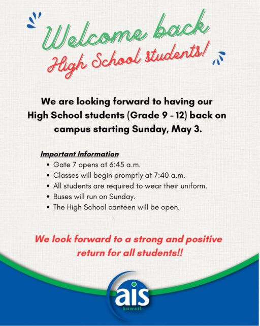 We can’t wait to see our High School students back on campus starting Sunday, May 3 💙❤️💚

#aisq8 #backtoschool #aisq8hs