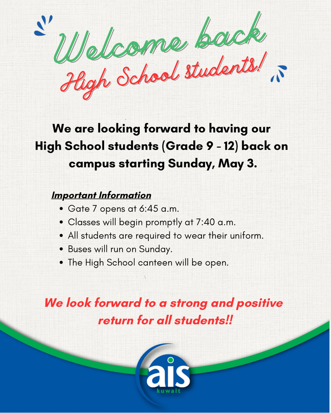 We can’t wait to see our High School students back on campus starting Sunday, May 3 💙❤️💚

#aisq8 #backtoschool #aisq8hs