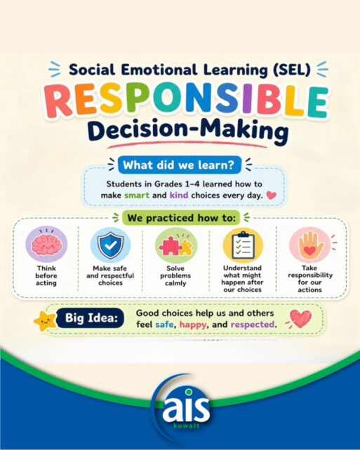 Nurturing strong minds and kind hearts through Social Emotional Learning (SEL)💙 
Student voices in action: Responsible Decision-Making 👏

#aisq8 #sel #decisionmakers #aisq8inspires