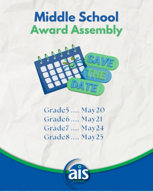 While this year may look a little different, one thing hasn’t changed—we’re still celebrating the incredible achievements of our Middle School students… just virtually this time! 

Join us for our Virtual Awards Assemblies at 10:00 AM:
Grade 5 – May 20
Grade 6 – May 21
Grade 7 – May 24
Grade 8 – May 25

We’ll be recognizing students for: Learner Profile Awards, Honor Roll, Principal’s List, Perfect Attendance, Presidential Awards (Grades 6–8)

And because no assembly is complete without a little fun... get ready for:
🎥 Surprise videos from teachers
🎮 Interactive games & live questions
🎉 Special moments, big celebrations, and plenty of memories

After each grade level assembly, families may stop by the Auditorium from 12:00–2:30 PM to pick up:
Locker supplies, Photos, Yearbooks and Awards & Certificates

Let’s honor an unforgettable year together! ✨

 #aisq8 #aisq8ms #CelebratingExcellence #SchoolCommunity