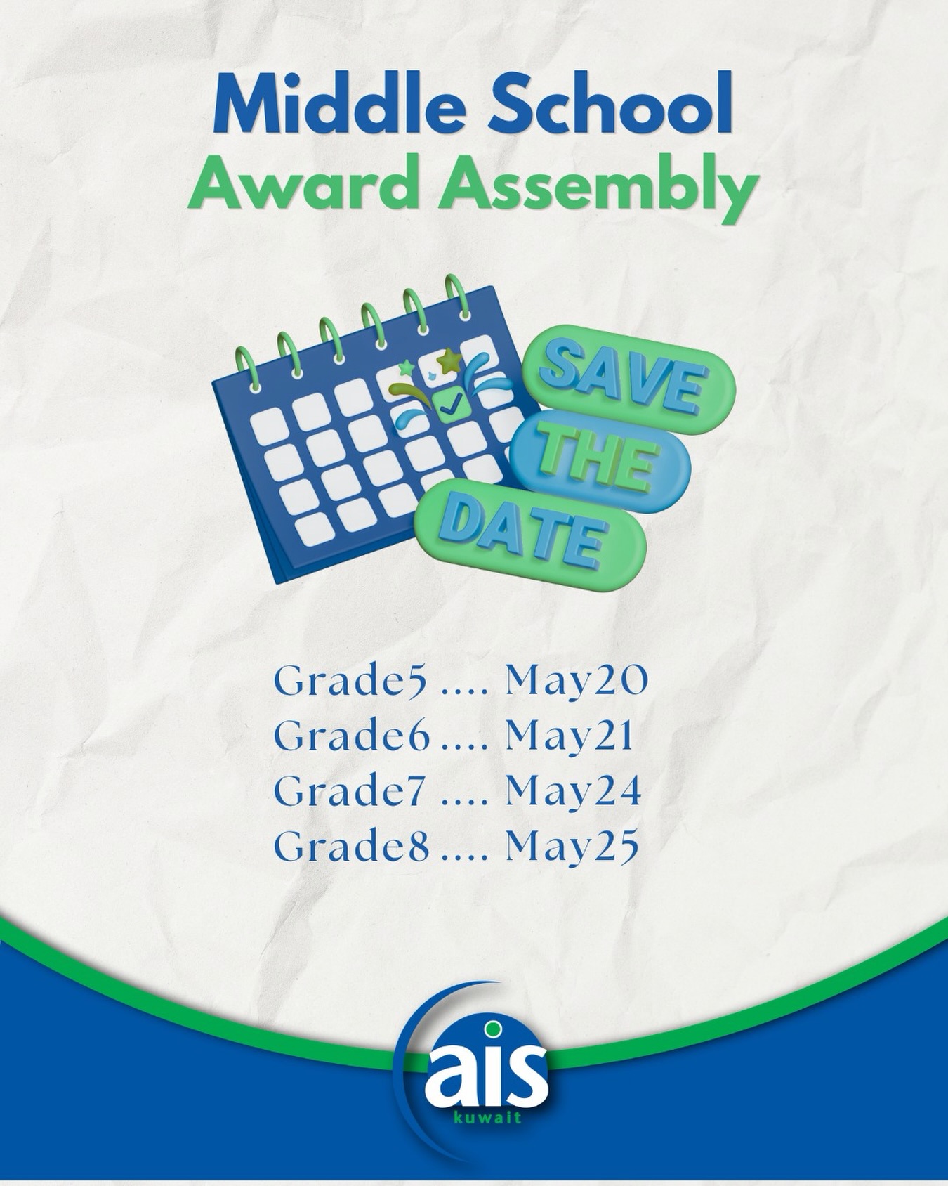 While this year may look a little different, one thing hasn’t changed—we’re still celebrating the incredible achievements of our Middle School students… just virtually this time! 

Join us for our Virtual Awards Assemblies at 10:00 AM:
Grade 5 – May 20
Grade 6 – May 21
Grade 7 – May 24
Grade 8 – May 25

We’ll be recognizing students for: Learner Profile Awards, Honor Roll, Principal’s List, Perfect Attendance, Presidential Awards (Grades 6–8)

And because no assembly is complete without a little fun... get ready for:
🎥 Surprise videos from teachers
🎮 Interactive games & live questions
🎉 Special moments, big celebrations, and plenty of memories

After each grade level assembly, families may stop by the Auditorium from 12:00–2:30 PM to pick up:
Locker supplies, Photos, Yearbooks and Awards & Certificates

Let’s honor an unforgettable year together! ✨

 #aisq8 #aisq8ms #CelebratingExcellence #SchoolCommunity