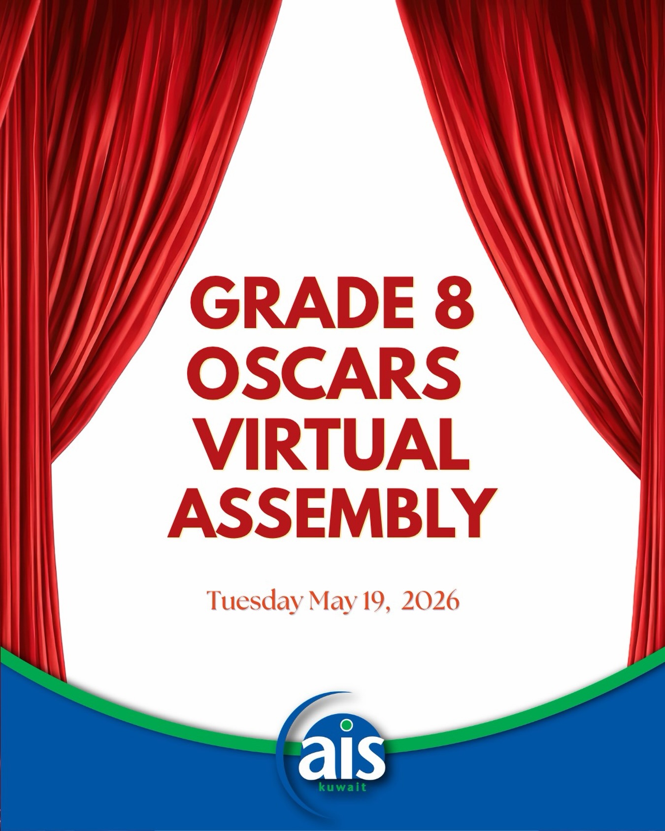 Our annual Grade 8 Oscars Assembly is going VIRTUAL this year on May 19 at 10:00 AM 🏆
You nominated. You voted. Now it’s time to see who takes home the awards for both students AND teachers!
Get ready for a celebration of everything that makes our Middle School amazing🤩

Grade 8 students will receive the meeting link on May 18.

Let’s celebrate our Grade 8 stars in true Oscars style! 🍿✨

#aisq8 #aisq8ms