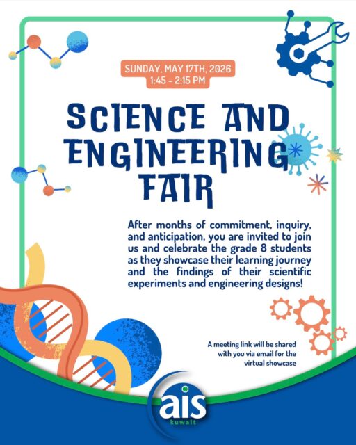 After months of research, problem-solving, and perseverance, our grade 8 students are ready to showcase the results of their investigative journeys 🧬 

Each project tells a story of curiosity, learning, and discovery. Now it’s time to see where their research and experimentation led, and what their findings revealed about their original predictions and prototypes👓 

Join us virtually on Sunday, May 17th, at 1:45 pm for the “2026 Science and Engineering Fair Showcase” to celebrate the hard work, creativity, and scientific thinking of our future innovators.

#aisq8 #scienceandengineeringfair #myp #scienceandengineering