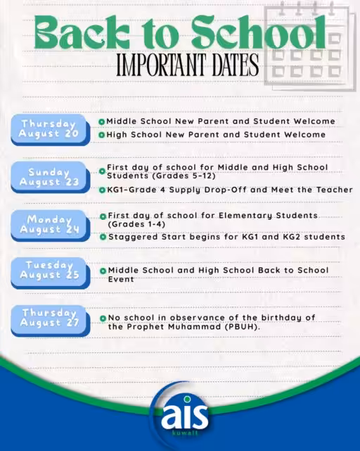 The school year is filling up! 🦁💙
Here are some important dates to save. Mark your calendars, set those reminders, and get ready for what’s ahead! 

#aisq8 #savethedate #backtoschool #markyourcalendars