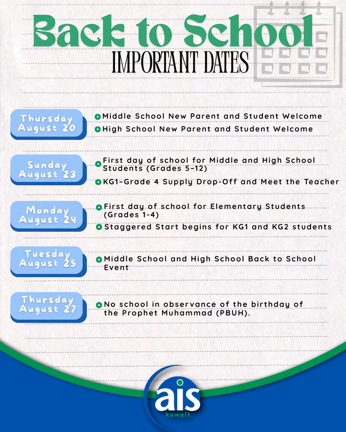 The school year is filling up! 🦁💙
Here are some important dates to save. Mark your calendars, set those reminders, and get ready for what’s ahead! 

#aisq8 #savethedate #backtoschool #markyourcalendars