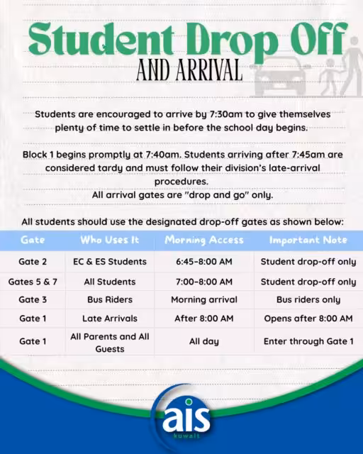 A smooth morning arrival helps students begin their day ready to learn. 
Let’s make morning drop-off smooth and stress-free! 💙
Here’s your quick guide to arrival and drop-off at school.

#aisq8 #backtoschool #kuwaitschool